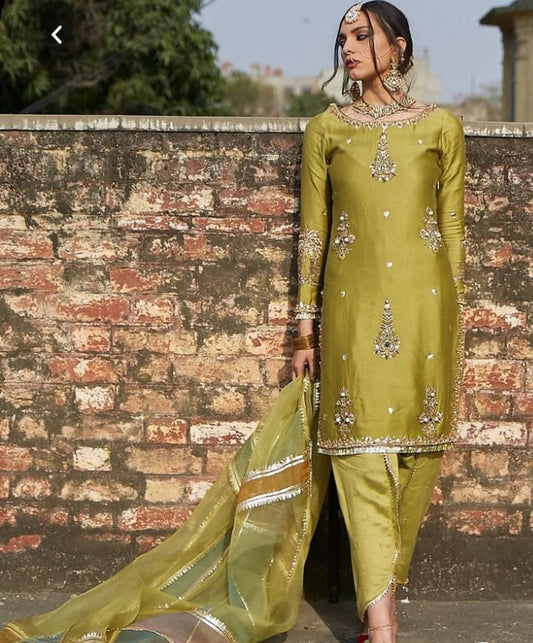 Light Green and Red Embroidered Suit for Women