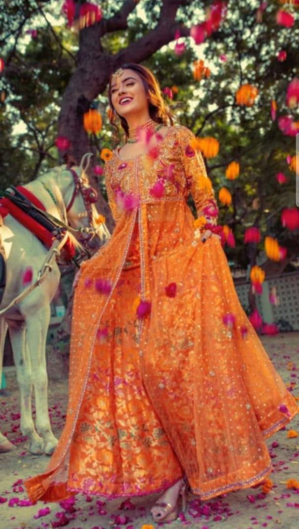 Sunset Glow Embroidered Orange Maxi Suit